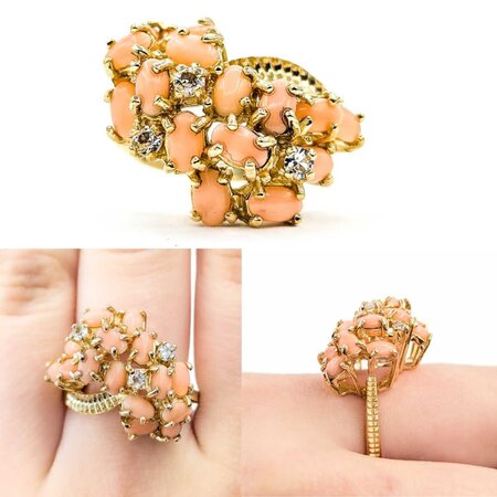 Ring (15)5x3mm Oval Coral .15ctw Quartz 14ky sz8.25 224090156