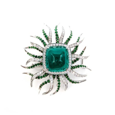Pendant/Brooch 2.98ctw Round Diamonds 36.97ct GRS Colombian Minor Oil Emerald 3.65ctw Tsavorite Garnet 61x58mm 18kw 24" 224101252