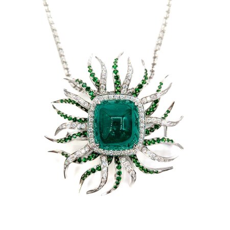 Pendant/Brooch 2.98ctw Round Diamonds 36.97ct GRS Colombian Minor Oil Emerald 3.65ctw Tsavorite Garnet 61x58mm 18kw 24" 224101252