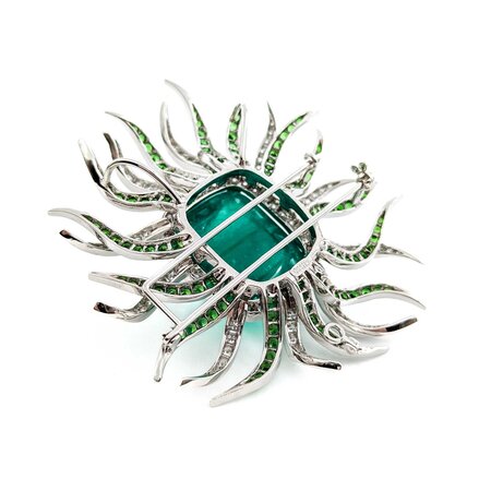 Pendant/Brooch 2.98ctw Round Diamonds 36.97ct GRS Colombian Minor Oil Emerald 3.65ctw Tsavorite Garnet 61x58mm 18kw 24" 224101252