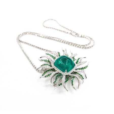 Pendant/Brooch 2.98ctw Round Diamonds 36.97ct GRS Colombian Minor Oil Emerald 3.65ctw Tsavorite Garnet 61x58mm 18kw 24" 224101252
