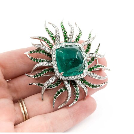 Pendant/Brooch 2.98ctw Round Diamonds 36.97ct GRS Colombian Minor Oil Emerald 3.65ctw Tsavorite Garnet 61x58mm 18kw 24" 224101252