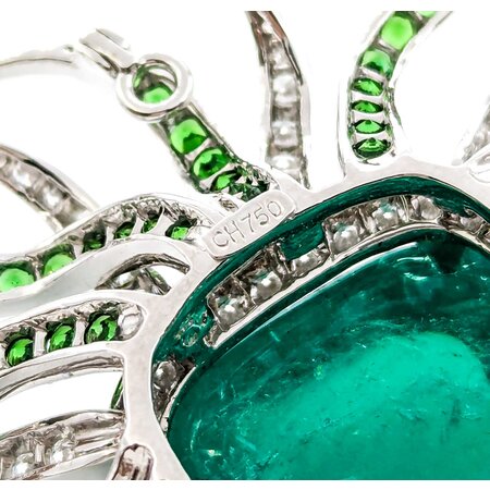 Pendant/Brooch 2.98ctw Round Diamonds 36.97ct GRS Colombian Minor Oil Emerald 3.65ctw Tsavorite Garnet 61x58mm 18kw 24" 224101252