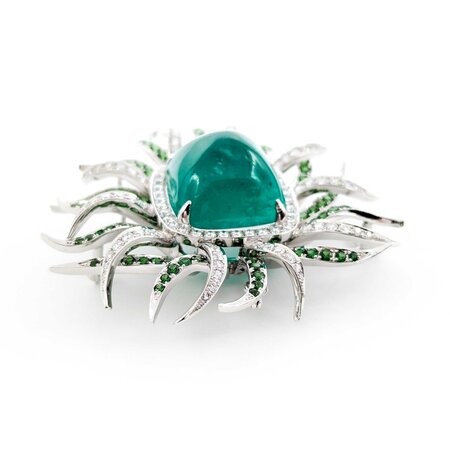 Pendant/Brooch 2.98ctw Round Diamonds 36.97ct GRS Colombian Minor Oil Emerald 3.65ctw Tsavorite Garnet 61x58mm 18kw 24" 224101252