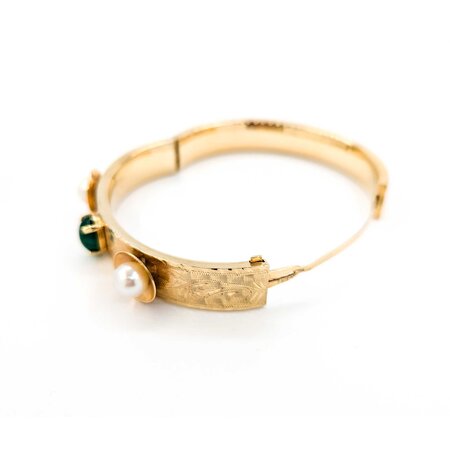 Bracelet Hinged Bangle 2.20ct Oval Cabochon Emerald (2) 7.8mm South Sea Pearls 14ky Mid Century 6.5" 11.5mm 224103751