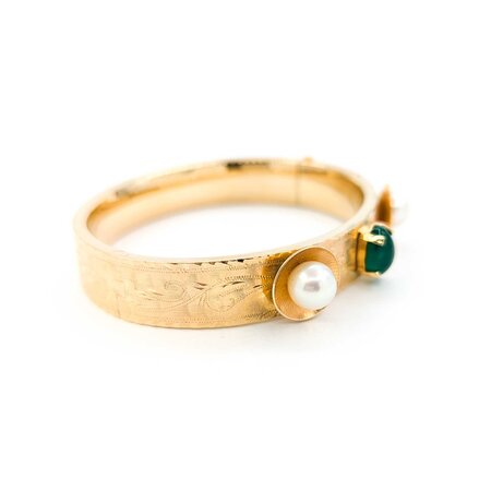 Bracelet Hinged Bangle 2.20ct Oval Cabochon Emerald (2) 7.8mm South Sea Pearls 14ky Mid Century 6.5" 11.5mm 224103751