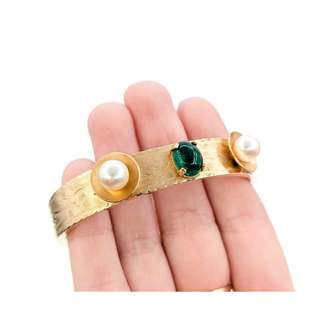 Bracelet Hinged Bangle 2.20ct Oval Cabochon Emerald (2) 7.8mm South Sea Pearls 14ky Mid Century 6.5" 11.5mm 224103751