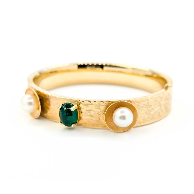 Bracelet Hinged Bangle 2.20ct Oval Cabochon Emerald (2) 7.8mm South Sea Pearls 14ky Mid Century 6.5" 11.5mm 224103751