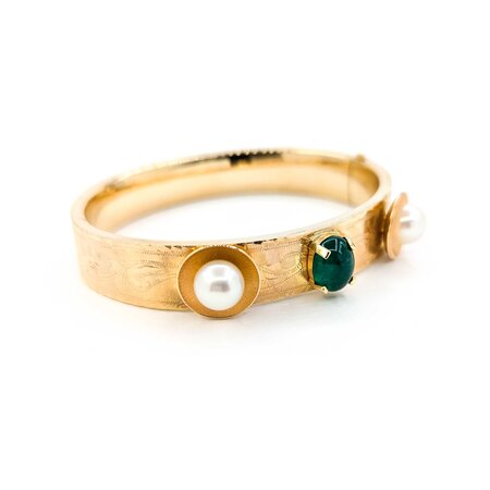 Bracelet Hinged Bangle 2.20ct Oval Cabochon Emerald (2) 7.8mm South Sea Pearls 14ky Mid Century 6.5" 11.5mm 224103751