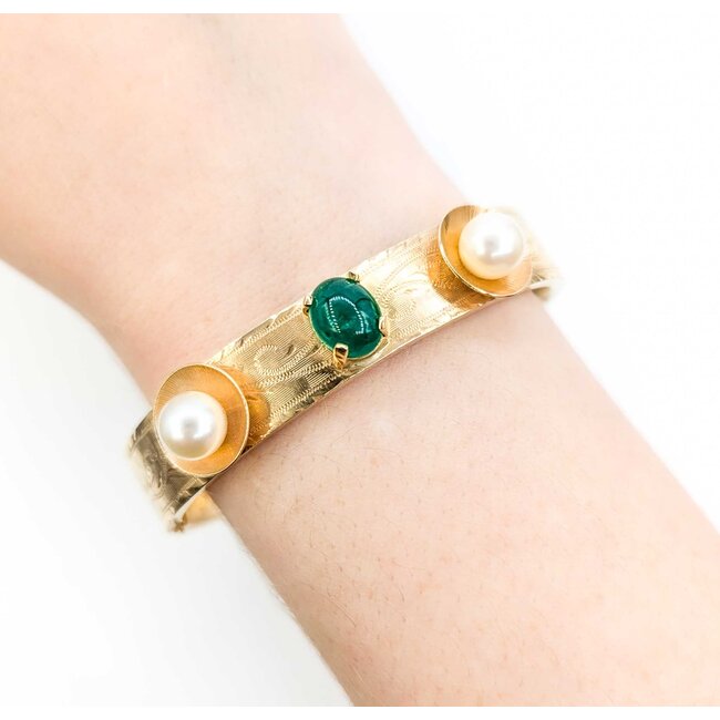 Bracelet Hinged Bangle 2.20ct Oval Cabochon Emerald (2) 7.8mm South Sea Pearls 14ky Mid Century 6.5" 11.5mm 224103751