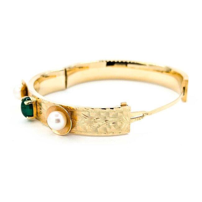 Bracelet Hinged Bangle 2.20ct Oval Cabochon Emerald (2) 7.8mm South Sea Pearls 14ky Mid Century 6.5" 11.5mm 224103751