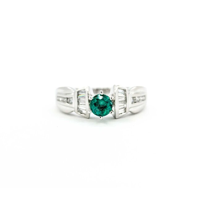 Ring .35ctw Round & Baguette Diamonds .32ct Emerald pt900 sz6.25 6.8mm 124060229