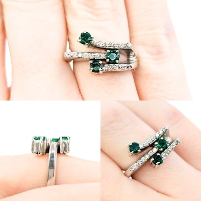 Ring 3 Row Bypass .15ctw Round Diamonds .30ctw Emerald 14kw sz5 224100154