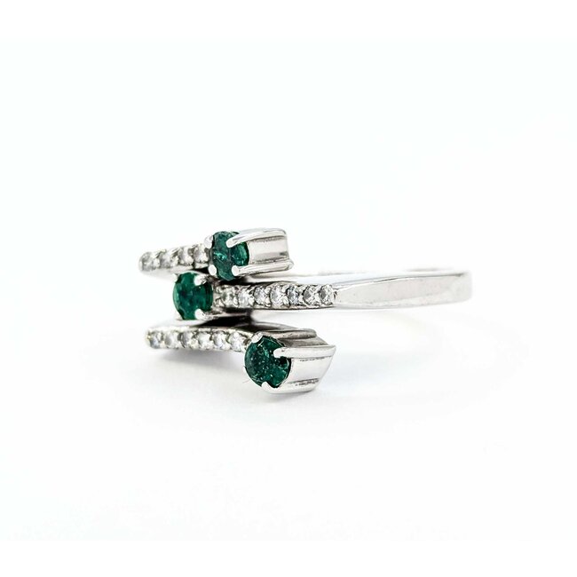 Ring 3 Row Bypass .15ctw Round Diamonds .30ctw Emerald 14kw sz5 224100154