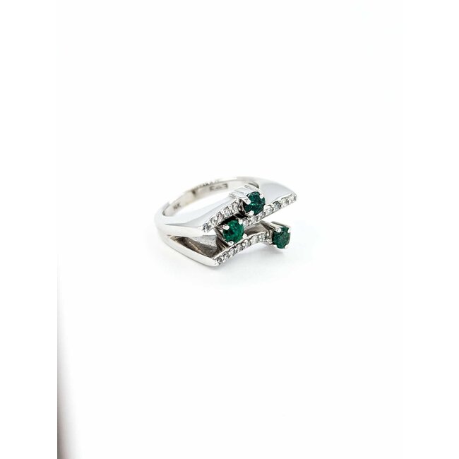 Ring 3 Row Bypass .15ctw Round Diamonds .30ctw Emerald 14kw sz5 224100154