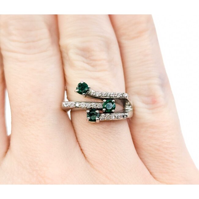 Ring 3 Row Bypass .15ctw Round Diamonds .30ctw Emerald 14kw sz5 224100154