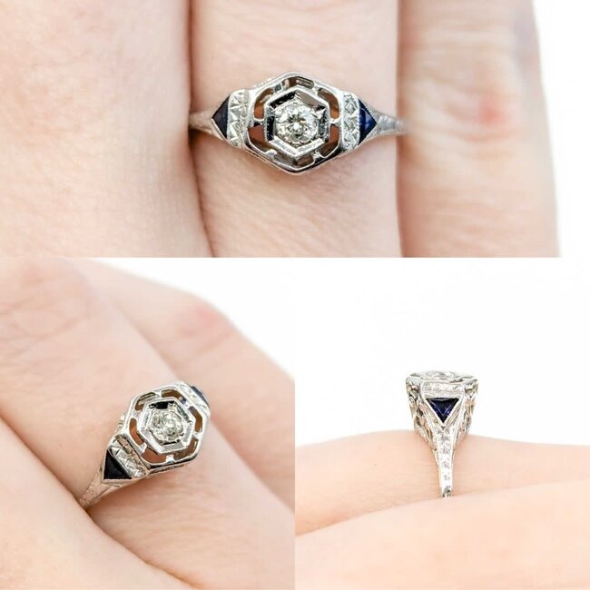 Ring Art Deco .02ct Old European Diamond Syn Sapphire 18kw sz5 224100751