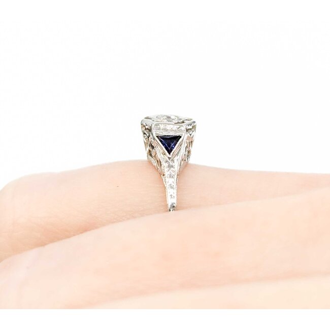 Ring Art Deco .02ct Old European Diamond Syn Sapphire 18kw sz5 224100751