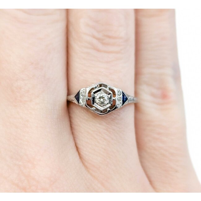 Ring Art Deco .02ct Old European Diamond Syn Sapphire 18kw sz5 224100751