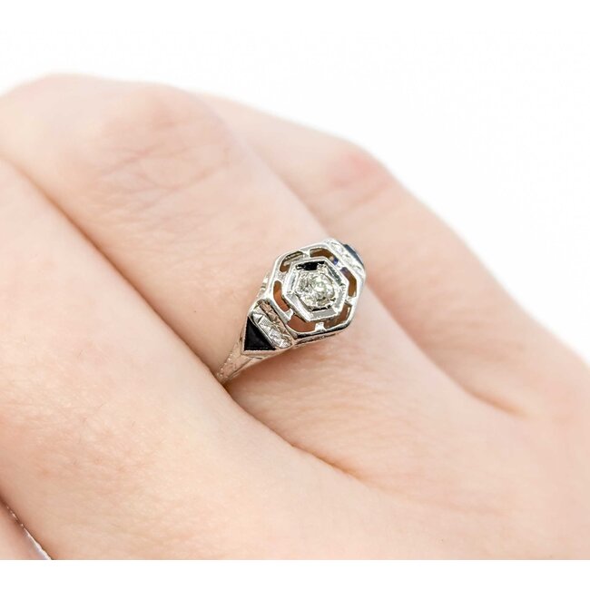 Ring Art Deco .02ct Old European Diamond Syn Sapphire 18kw sz5 224100751