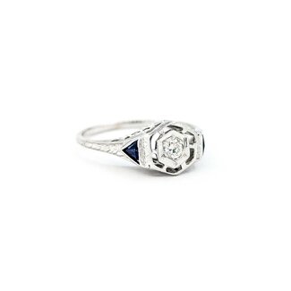 Ring Art Deco .02ct Old European Diamond Syn Sapphire 18kw sz5 224100751