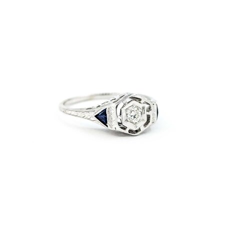 Ring Art Deco .02ct Old European Diamond Syn Sapphire 18kw sz5 224100751