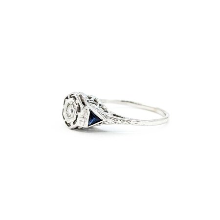 Ring Art Deco .02ct Old European Diamond Syn Sapphire 18kw sz5 224100751