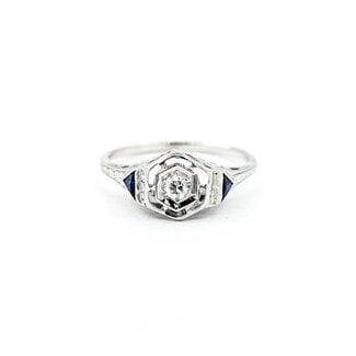 Ring Art Deco .02ct Old European Diamond Syn Sapphire 18kw sz5 224100751