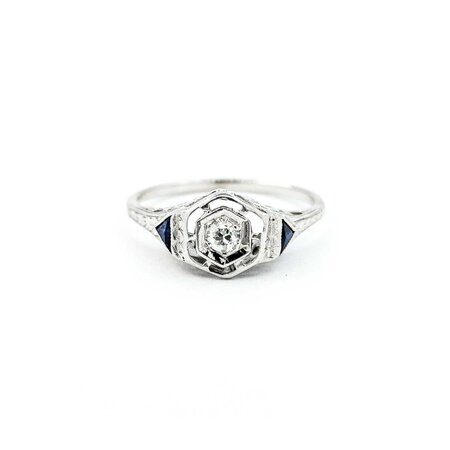 Ring Art Deco .02ct Old European Diamond Syn Sapphire 18kw sz5 224100751