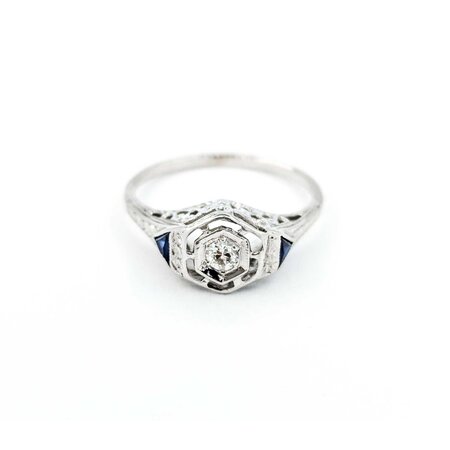 Ring Art Deco .02ct Old European Diamond Syn Sapphire 18kw sz5 224100751