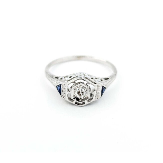 Ring Art Deco .02ct Old European Diamond Syn Sapphire 18kw sz5 224100751