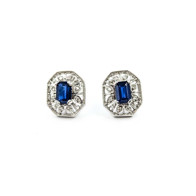 Earrings Stud 1.50ctw Sapphires Halo Filigree .08ctw Diamonds 14ky 224114163