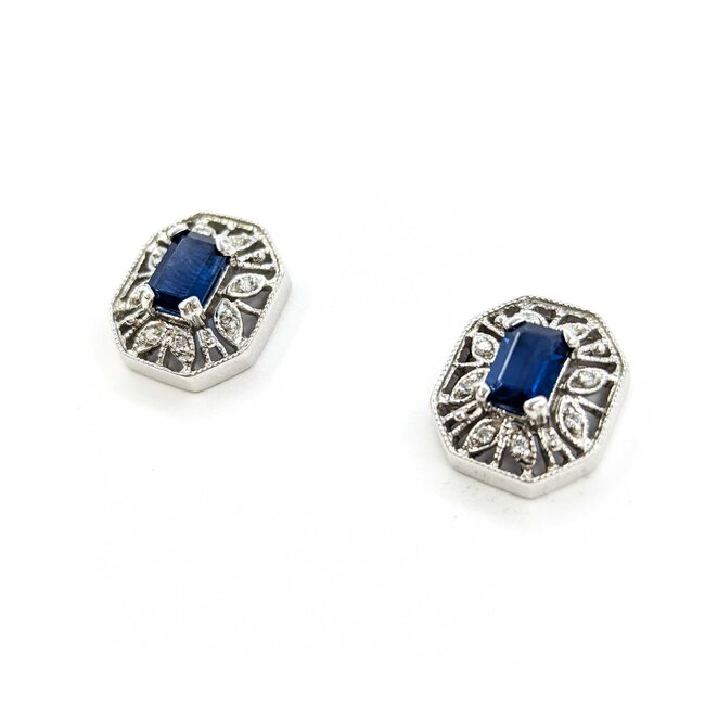 Earrings Stud 1.50ctw Sapphires Halo Filigree .08ctw Diamonds 14ky 224114163