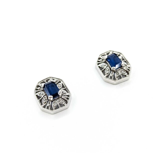Earrings Stud 1.50ctw Sapphires Halo Filigree .08ctw Diamonds 14ky 224114163