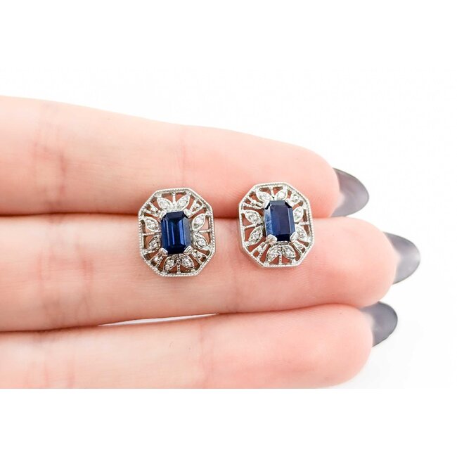 Earrings Stud 1.50ctw Sapphires Halo Filigree .08ctw Diamonds 14ky 224114163