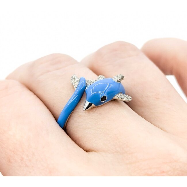 Effy Ring .14ctw Round Diamonds Dolphin Blue Enamel 14kw sz7 124110002