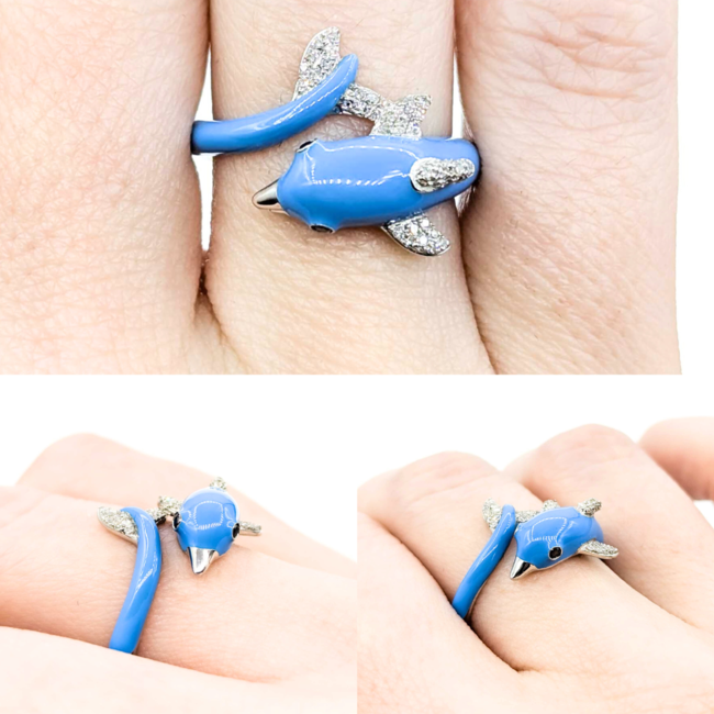 Effy Ring .14ctw Round Diamonds Dolphin Blue Enamel 14kw sz7 124110002