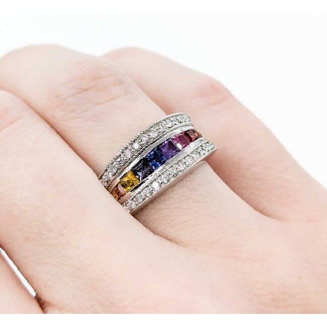 Ring Channel Set .25ctw Round Diamonds .65ctw Multi Color Synthetic Sapphire 14kw sz5.5 124110153