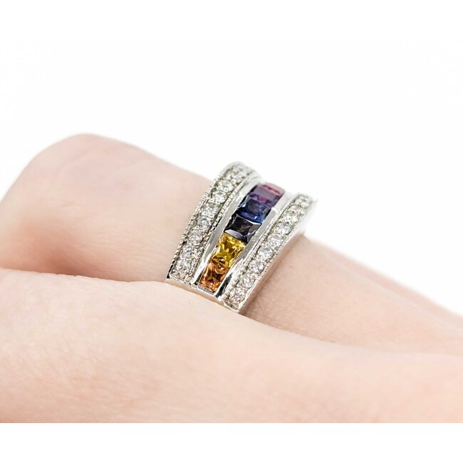 Ring Channel Set .25ctw Round Diamonds .65ctw Multi Color Synthetic Sapphire 14kw sz5.5 124110153