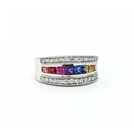 Ring Channel Set .25ctw Round Diamonds .65ctw Multi Color Synthetic Sapphire 14kw sz5.5 124110153
