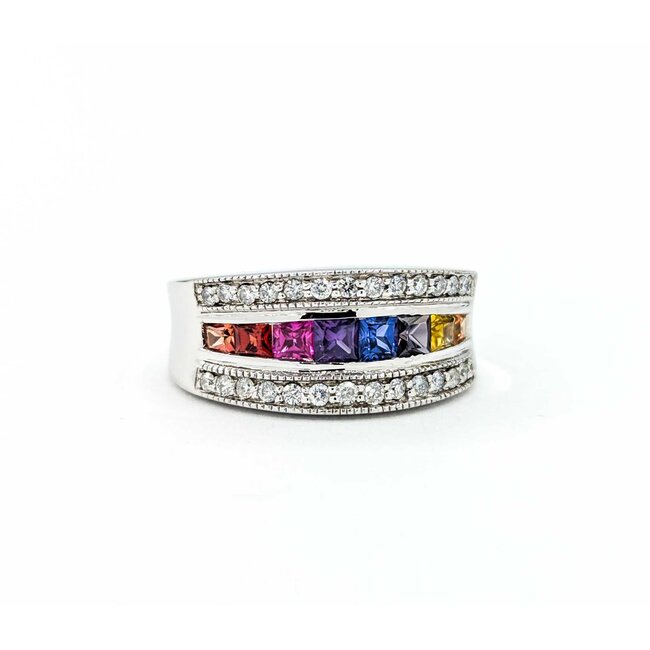 Ring Channel Set .25ctw Round Diamonds .65ctw Multi Color Synthetic Sapphire 14kw sz5.5 124110153