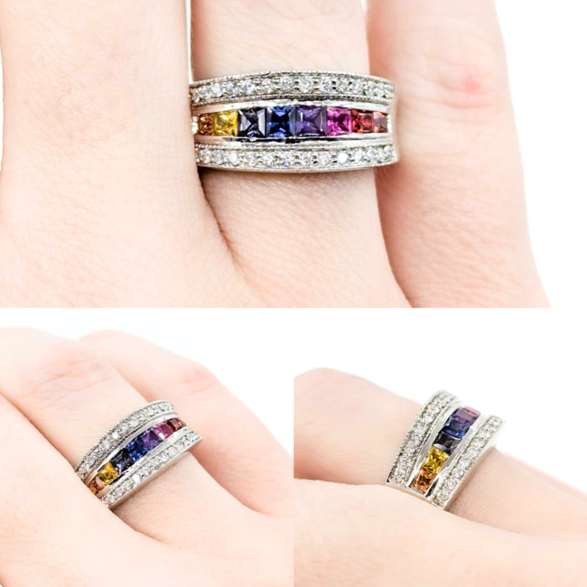 Ring Channel Set .25ctw Round Diamonds .65ctw Multi Color Synthetic Sapphire 14kw sz5.5 124110153