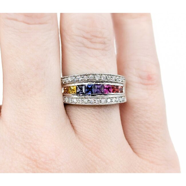Ring Channel Set .25ctw Round Diamonds .65ctw Multi Color Synthetic Sapphire 14kw sz5.5 124110153