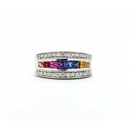 Ring Channel Set .25ctw Round Diamonds .65ctw Multi Color Synthetic Sapphire 14kw sz5.5 124110153