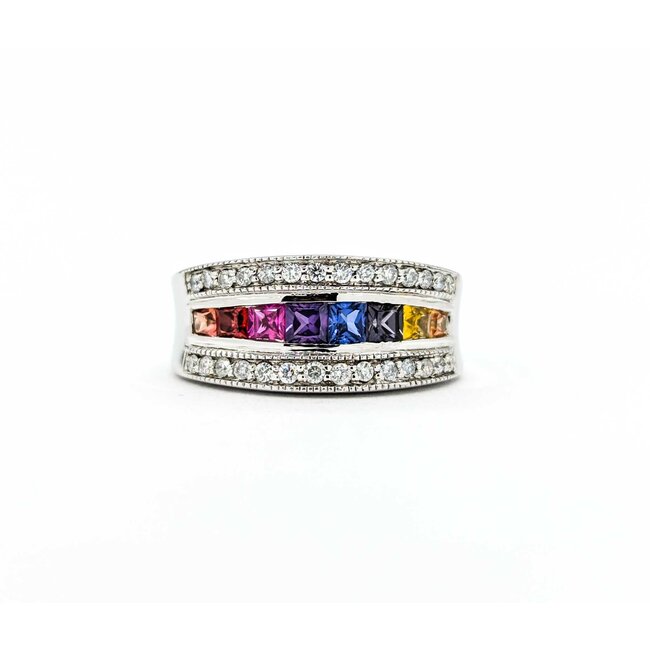 Ring Channel Set .25ctw Round Diamonds .65ctw Multi Color Synthetic Sapphire 14kw sz5.5 124110153