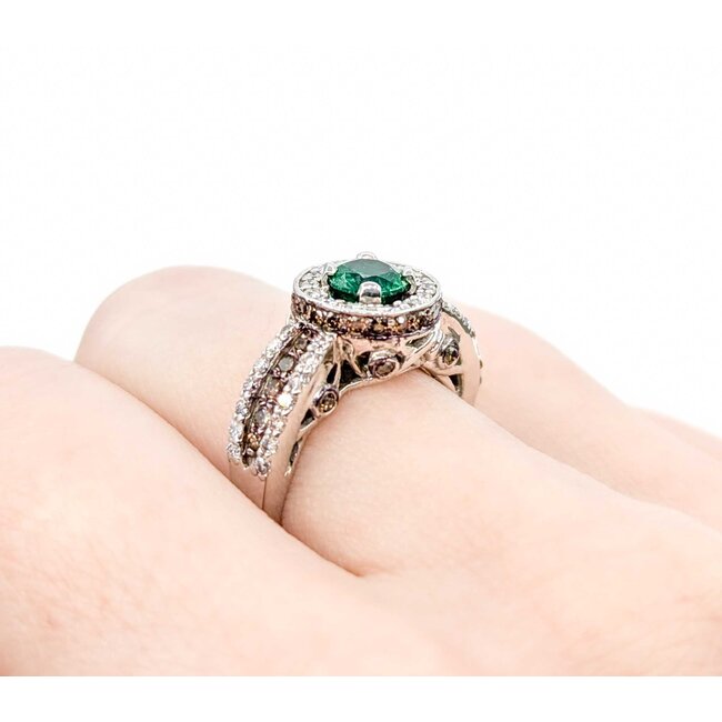Ring LeVian .75ctw Round White & Chocolate Diamonds .55ct Emerald 14kw sz6.25 10mm 124060218