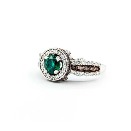 Ring LeVian .75ctw Round White & Chocolate Diamonds .55ct Emerald 14kw sz6.25 10mm 124060218