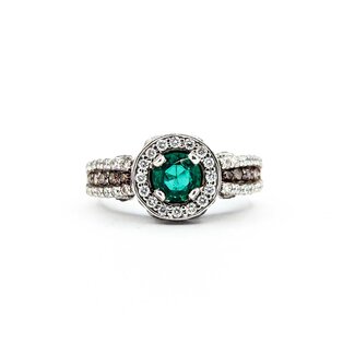 Ring LeVian .75ctw Round White & Chocolate Diamonds .55ct Emerald 14kw sz6.25 10mm 124060218