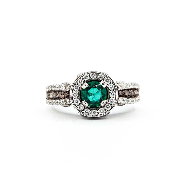 Ring LeVian .75ctw Round White & Chocolate Diamonds .55ct Emerald 14kw sz6.25 10mm 124060218