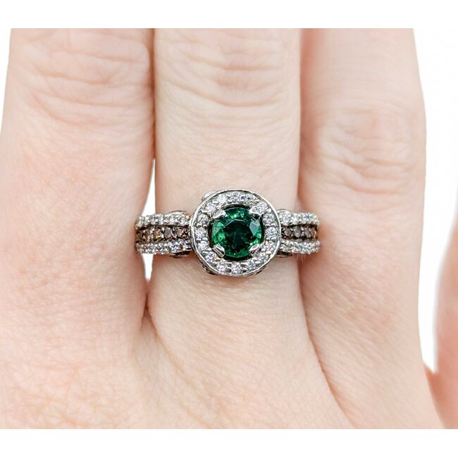 Ring LeVian .75ctw Round White & Chocolate Diamonds .55ct Emerald 14kw sz6.25 10mm 124060218